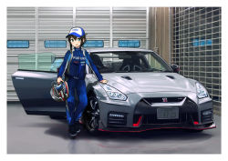 1girl baseball_cap blue_eyes brown_hair car duplicate fubuki_(kancolle) full_body garage gloves hat helmet highres holding holding_unworn_helmet kantai_collection low_ponytail motor_vehicle pixel-perfect_duplicate ponytail short_hair short_ponytail sports_car timmyyen unworn_headwear unworn_helmet vehicle_focus