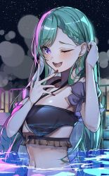 1girl adjusting_hair bikini black_bikini breasts earrings green_hair hair_behind_ear highres jewelry large_breasts long_hair looking_at_viewer night night_sky one_eye_closed open_mouth outdoors partially_submerged pool purple_eyes ringozeri sky solo swimsuit virtual_youtuber vspo! yakumo_beni