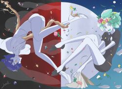 Rule 34 | absurdres, aqua eyes, aqua hair, blue hair, flower, gold, hair flower, hair ornament, highres, houseki no kuni, itsjarrrd, lapis lazuli (houseki no kuni), melting, moon, multiple views, necktie, open mouth, phosphophyllite, teeth, upper teeth only, white eyes