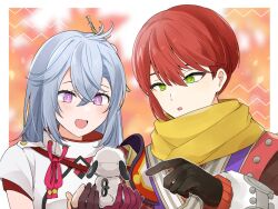 1boy 1girl :d black_gloves blue_hair border commentary_request cuilang_(rune_factory) eco_(comochz) gloves green_eyes hair_between_eyes highres holding holding_stuffed_toy japanese_clothes kaguya_(rune_factory) long_hair open_mouth outside_border partially_fingerless_gloves purple_eyes red_hair rune_factory rune_factory:_guardians_of_azuma scarf short_hair smile stuffed_animal stuffed_sheep stuffed_toy toy upper_body white_border winding_key woolby yellow_scarf