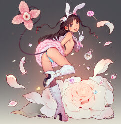 1girl absurdres animal_ears ass blue_panties boots braid brown_hair demon_girl demon_tail flat_chest flower frilled_skirt frills gloves hair_flower hair_ornament high_heel_boots high_heels highres knee_boots loli long_hair looking_at_viewer muk_(monsieur) nipples open_mouth panties pink_skirt rabbit_ears rose sidelocks skirt solo tail tiny_evil tongue tongue_out underwear v white_boots white_flower white_gloves white_rose yuu_(tiny_evil)