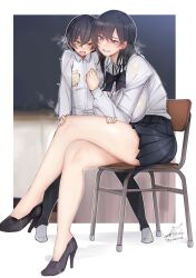 1boy 1girl age_difference black_bow black_hair black_skirt blush bow breasts breath brown_eyes bulge chair commentary_request crossed_legs eyelashes eyes_visible_through_hair hair_between_eyes hatching_(texture) heart heart-shaped_pupils height_difference hetero high_heels highres indoors large_breasts legs legs_apart long_hair looking_at_another onee-shota open_mouth original outline pink_pupils purple_eyes rib:y(uhki) school_chair school_uniform shiny_skin shirt shota signature sitting size_difference skirt spoken_heart symbol-shaped_pupils tall_female tearing_up thighs tongue twitter_username white_outline white_shirt