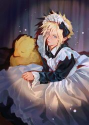 1boy alternate_costume apron artist_name black_bow black_dress blonde_hair blue_eyes bow chocobo closed_mouth cloud_strife collared_dress commentary crossdressing crossdressing_(mtf) curtains dress english_commentary enmaided final_fantasy final_fantasy_vii frilled_apron frills happeh head_bow headdress highres juliet_sleeves long_sleeves maid maid_apron maid_headdress male_focus male_maid parted_bangs puffy_sleeves short_hair sitting sleeve_cuffs solo stuffed_animal stuffed_toy white_apron wing_collar