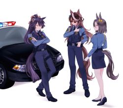 3girls air_groove_(umamusume) alternate_costume animal_ears bandaid bandaid_on_face bandaid_on_nose baton_(weapon) belt black_hair black_necktie blue_pants blue_shirt car closed_mouth clothing_cutout collared_shirt crossed_arms ford_crown_victoria ford_crown_victoria_(2nd_generation) high_heels highres holster horse_ears horse_girl horse_tail korean_commentary loafers long_hair long_sleeves motor_vehicle mouth_hold multicolored_hair multiple_girls narita_brian_(umamusume) necktie open_mouth pants pencil_skirt police police_car police_uniform policewoman pony_(animal) ponytail pouch red_eyes rio_(rio_067) shirt shoes skirt stalk_in_mouth standing streaked_hair sunglasses symboli_rudolf_(umamusume) tail tail_through_clothes thigh_holster twitter_username umamusume vest walkie-talkie weapon white_background yellow_eyes