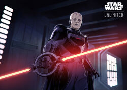 1boy alien armor bald black_bodysuit black_gloves bodysuit borja_pindado copyright_name double-bladed_spinning_lightsaber double_bladed_lightsaber energy_sword english_text gloves lightsaber pale_skin pau&#039;an pauldrons red_lightsaber shoulder_armor solo spacecraft_interior standing star_wars star_wars:_unlimited sword the_grand_inquisitor_(star_wars) weapon