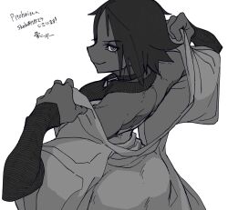 1girl ass bone_nigi breasts character_request commission copyright_request greyscale hands_up highres looking_at_viewer looking_back monochrome short_hair skeb_commission solo white_background