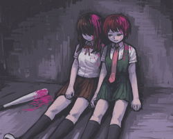 10s 2girls bat_(animal) black_hair blood danganronpa_(series) faceless freckles green_eyes holding_hands koizumi_mahiru long_hair multiple_girls namu_(nurui_cha) pink_blood red_hair satou_(danganronpa) school_uniform short_hair sitting smile spoilers danganronpa_2:_goodbye_despair
