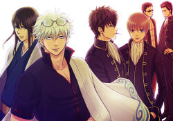 5boys black_hair brown_hair cigarette commentary_request eyewear_on_head gintama glasses hadanugi_dousa hasegawa_taizou hijikata_toushirou japanese_clothes katsura_kotarou kimono kondou_isao long_hair male_focus messy_hair military military_uniform mouth_hold multiple_boys nigella.a okita_sougo open_clothes open_kimono red_hair sakata_gintoki shimura_shinpachi short_sleeves smile smoking sunglasses white_hair