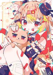 1girl :o animal_ear_fluff animal_ears aramedraw bandaid bandaid_hair_ornament bandaid_on_leg black_bow black_bowtie black_hat blush border bow bowtie brown_hair cat_ears cat_girl cat_tail commentary_request dog dress feet_out_of_frame grid_background hair_bow hair_ornament hat highres knees_up looking_at_viewer mini_hat open_mouth original outside_border red_eyes short_hair sitting solo tail white_border yellow_background yellow_dress