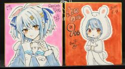 1girl :o aged_down animal_ears animal_hood blue_hair blue_jacket blue_ribbon blush_stickers braid carrot_hair_ornament commentary_request dated don-chan_(usada_pekora) fake_animal_ears food-themed_hair_ornament fur-trimmed_jacket fur-trimmed_sleeves fur_trim hair_between_eyes hair_ornament hair_ribbon hand_up highres hololive hood jacket kiritoma long_sleeves multicolored_hair multiple_views off_shoulder onesie open_clothes open_jacket parted_lips photo_(medium) rabbit-shaped_pupils rabbit_ears rabbit_hood red_eyes ribbon short_eyebrows symbol-shaped_pupils thick_eyebrows traditional_media translation_request twin_braids two-tone_hair upper_body usada_pekora usada_pekora_(casual) white_hair