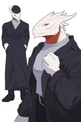 1boy absurdres baldur&#039;s_gate baldur&#039;s_gate_3 belt black_coat coat colored_skin commentary_request contemporary dragon_boy dragonborn_(d&amp;d) dungeons_&amp;_dragons dungeons_&amp;_dragons full_body furry furry_male hat highres looking_at_viewer multiple_views red_eyes sho_dora the_dark_urge_(baldur&#039;s_gate) white_background white_skin