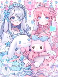 2girls :&lt; blue_bow blue_eyes blue_ribbon bow bracelet choker chuu0105 cinnamoroll commission curly_hair detached_sleeves dress eyepatch frilled_choker frilled_dress frills fuwa_fuwa_cinnamoroll grey_eyes grey_hair hair_over_one_eye heart highres holding holding_stuffed_toy jewelry lace-up_sleeves lolita_fashion long_hair maid_headdress multiple_girls my_melody one_eye_covered onegai_my_melody original pink_bow pink_hair pink_ribbon pixel_art polka_dot polka_dot_bow puffy_short_sleeves puffy_sleeves ribbon sanrio short_hair short_sleeves sleeve_bow striped_clothes striped_dress stuffed_toy symmetry yume_kawaii