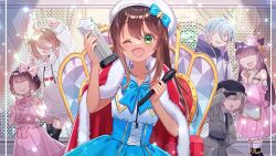 Rule 34 | 1boy, 5girls, :d, ;d, ahoge, amano kohana, animal ears, anniversary, black choker, black hat, black thighhighs, blue bow, blue bowtie, blue dress, blue hair, bow, bow hairband, bowtie, brown hair, cape, celerytmyk, choker, clenched hand, closed mouth, collared shirt, dark-skinned female, dark skin, detached sleeves, drawstring, dress, frilled bow, frills, fur-trimmed cape, fur trim, green eyes, grey hair, grey jacket, hair between eyes, hair bow, hair ornament, hairband, hat, heart, highres, holding, holding trophy, hood, hoodie, jacket, lapels, lavi f arseille, long hair, long sleeves, monocle, multiple girls, no eyes, notched lapels, nyaruchuuu, one eye closed, open mouth, phoebe (vtuber), pink dress, pink hairband, pink hat, pink sleeves, puffy short sleeves, puffy sleeves, red cape, shirayuri production, shirt, short sleeves, smile, solo focus, star (symbol), tatsurii, thighhighs, third-party source, trophy, virtual youtuber, white hat, white hoodie, white shirt, wolf ears, x hair ornament, yoro yoyo