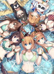 6+girls absurdres alternate_costume aqua_bow bead_bracelet beads belt bikini black-framed_eyewear bow bracelet braid breasts brown_hair circle cleavage clover_hair_ornament collarbone commentary_request daruma_doll ear_bow ear_covers ear_ornament four-leaf_clover_hair_ornament frilled_bikini frills goggles goggles_around_neck hair_between_eyes hair_ornament highres holding_hands hood hood_down hoodie jewelry large_breasts lying maneki-neko matikanefukukitaru_(umamusume) medium_breasts mejiro_bright_(umamusume) mejiro_dober_(umamusume) multicolored_hair multiple_girls navel necklace on_back one_eye_closed open_clothes open_fly open_hoodie partially_submerged pearl_necklace ponytail purple_eyes red_bikini see-through_clothes see-through_shirt seeking_the_pearl_(umamusume) shirt shorts silence_suzuka_(umamusume) single_ear_cover small_breasts stay_gold_(umamusume) stomach streaked_hair sunglasses swimsuit taiki_shuttle_(umamusume) umamusume watch water wet wet_clothes wet_shirt white_hair white_shirt wristwatch yamada_(c57hikaru)