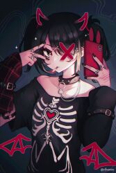Rule 34 | 1girl, :|, absurdres, ame-chan (emo) (needy girl overdose), ame-chan (needy girl overdose), arm belt, arm garter, arm warmers, arms up, black background, black choker, black eyes, black hair, black nails, black sweater, bright pupils, choker, cigarette, closed mouth, cthuwoo, demon horns, drawn horns, drawn wings, hair ornament, hair over one eye, highres, holding, holding phone, horns, jewelry, looking at viewer, multiple rings, necklace, needy girl overdose, one eye covered, phone, ring, selfie, short twintails, skeleton print, smoking, solo, sparkle, sweater, taking picture, twintails, upper body, v, white pupils, x, x hair ornament