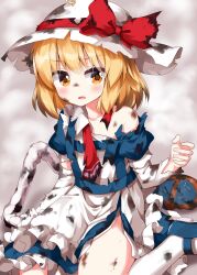Rule 34 | 1girl, apron, bare shoulders, blonde hair, blue dress, blue shoes, bow, bowtie, collarbone, commentary request, dress, elbow gloves, gloves, hat, hat bow, highres, kana anaberal, mary janes, medium hair, parted lips, red bow, red bowtie, ruu (tksymkw), shoes, sitting, socks, solo, sun hat, torn apron, torn bowtie, torn clothes, torn dress, torn gloves, torn hat, touhou, touhou (pc-98), wariza, white apron, white hat, white socks, yellow eyes