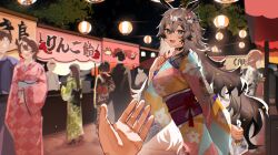 Rule 34 | 1girl, absurdres, ahoge, animal ears, aqua eyes, belt collar, black collar, black hair, blue kimono, choripan, collar, festival, fish, goldfish, grey hair, hair ornament, highres, holding, indie virtual youtuber, japanese clothes, kimono, long hair, looking at viewer, market stall, multicolored kimono, night, night sky, obi, obijime, open mouth, pink kimono, pov, pov hands, purple sash, sash, sea slug girl, second-party source, sky, smile, umi runa (vtuber), virtual youtuber, yellow kimono