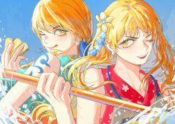 Rule 34 | 2girls, ;q, absurdres, armor, back-to-back, bare shoulders, blue background, blue kimono, blue ribbon, clima-tact, closed mouth, commentary, dual persona, earrings, floral print, floral print kimono, flower, hair flower, hair ornament, hair ribbon, highres, holding, holding staff, japanese armor, japanese clothes, jewelry, kimono, looking at viewer, low ponytail, multiple girls, mygiorni, nami (one piece), nami (one piece) (onigashima), nami (one piece) (wano), official alternate costume, official alternate hairstyle, one eye closed, one piece, open mouth, orange eyes, orange hair, pearl earrings, ponytail, print kimono, red kimono, ribbon, shoulder tattoo, sleeveless, sleeveless kimono, staff, tattoo, teeth, tongue, tongue out, twitter username, upper body, upper teeth only