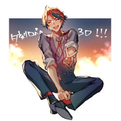 1boy ahoge black_footwear collared_shirt highres holostars male_focus mebaru mole mole_under_eye neck_ribbon open_mouth orange_hair pants red_ribbon ribbon shirt sitting sleeves_pushed_up smile solo v vest virtual_youtuber yukoku_roberu