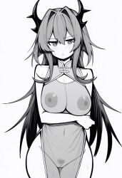 1girl alternate_costume arknights arm_behind_back arm_under_breasts bare_shoulders blush breasts china_dress chinese_clothes cleavage cleavage_cutout closed_mouth clothing_cutout commentary_request cowboy_shot dress female_pubic_hair greyscale groin hair_between_eyes hair_intakes highres horns large_breasts long_hair looking_at_viewer makigirisu monochrome navel nipples pelvic_curtain pubic_hair pussy see-through_clothes see-through_dress side_slit simple_background sleeveless sleeveless_dress solo standing surtr_(arknights) sweatdrop white_background
