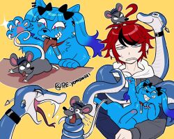 Rule 34 | 1girl, 3boys, ahoge, amemiya darumi, animal, animal on head, animalization, black bow, black choker, black streaks, blue eyes, blue hair, blue hat, blue jacket, bow, cat, choker, claws, collar, crying, crying with eyes open, earrings, eye print, fangs, furukawa (yomawari), grey jacket, hair bow, half-closed eyes, hat, heart, highres, holding, holding animal, holding cat, hood, hoodie, jacket, jewelry, makeup, maruko gaku, mouse (animal), multicolored hair, multicolored jacket, multiple boys, multiple views, omokage yugamu, on head, pawpads, pink eyes, print eyepatch, red collar, red hair, runny makeup, safety pin, short hair, snake, snake wrapped around body, streaked hair, sumino takumi, sweatdrop, tears, the hundred line -last defense academy-, tongue, tongue out, twitter username, two-tone jacket, white hoodie, yellow background
