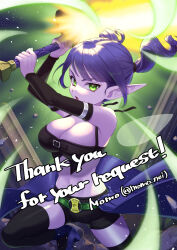 1girl artist_name belt black_shorts black_sleeves black_thighhighs blunt_bangs breasts broken_pillar cleavage colored_skin commentary_request commission detached_sleeves disembodied_wing dragon_quest dragon_quest_x elf_(dq10) fairy_wings floating_clothes floating_hair glowing green_eyes highres holding holding_weapon imminent_attack knee_up large_breasts looking_at_viewer looking_to_the_side midriff momo_nei navel o-ring o-ring_belt open_mouth pointy_ears purple_hair purple_skin shorts skeb_commission solo thank_you thighhighs twintails twitter_username weapon wings