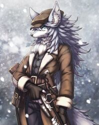 1boy ammunition_belt animal_ears belt black_gloves black_pants blue_eyes body_fur brown_coat brown_hat buttons newsboy_cap coat cowboy_shot expressionless fate/grand_order fate_(series) fingerless_gloves fur-trimmed_coat fur_trim furry furry_male gloves grey_fur grey_hair gun hat holding holding_gun holding_weapon long_hair looking_at_viewer male_focus notched_ear outdoors pants patxi_(fate) pouch rifle sheath sheathed snout snowing solo standing tail tsuji weapon wolf_boy wolf_ears wolf_tail