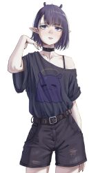 Rule 34 | 1girl, absurdres, adversarial noise, alternate costume, belt, black collar, black nails, black shirt, black shorts, blue eyes, blunt bangs, bra strap, character print, collar, commentary, cowboy shot, earrings, english commentary, goth fashion, hair behind ear, hand up, highres, hololive, hololive english, jewelry, mole, mole under eye, nail polish, ninomae ina&#039;nis, parted bangs, parted lips, pointy ears, print shirt, purple hair, samukzz, shirt, shirt tucked in, short hair, shorts, simple background, single off shoulder, solo, standing, straight-on, t-shirt, takodachi (ninomae ina&#039;nis), torn clothes, torn shorts, virtual youtuber, white background, wide sleeves