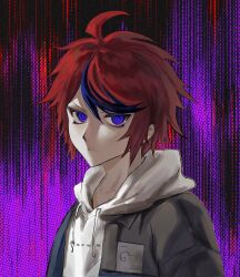 Rule 34 | ahoge, black background, blue eyes, blue hair, closed mouth, eyebrows, eyelashes, highres, hood, hoodie, looking at viewer, messy hair, multicolored eyes, multicolored hair, pink background, red background, red eyes, red hair, sumino takumi, the hundred line -last defense academy-, upper body