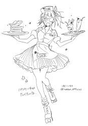 1girl apron bow collared_shirt dated food full_body glasses hair_bow hat highres holding holding_plate kuroshitsuji meirin_(kuroshitsuji) monochrome open_mouth pancake pancake_stack plate pleated_skirt roller_skates round_eyewear shirt short_hair side_ponytail simple_background skates sketch skirt sleeves_rolled_up smoothie socks solo toboso_yana twitter_username waist_apron white_shirt