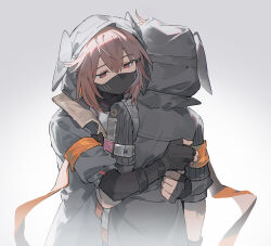 Rule 34 | 2girls, absurdres, animal ears, arknights, armband, black jacket, chinese commentary, commentary request, crownslayer (arknights), dopperu ben, dual persona, facing viewer, fingerless gloves, gloves, grey background, half-closed eyes, highres, hood, hood up, hooded jacket, hyena ears, jacket, long sleeves, mask, mouth mask, multiple girls, orange armband, red eyes, red hair, shirt, short hair, simple background, sleeveless, sleeveless jacket, upper body, white shirt