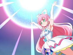 1girl arms_up ascot blue_bow bow braid brooch center_frills closed_mouth commentary crown_braid cure_prism dress dress_bow earrings elbow_gloves energy_ball frills frown genki_dama glove_bow gloves green_eyes hair_bow hirogaru_sky!_precure jewelry layered_dress light_rays long_hair looking_to_the_side magical_girl nijigaoka_mashiro pink_hair precure rin_takanashi_glacies short_dress side_braids sleeveless sleeveless_dress solo standing very_long_hair white_ascot white_bow white_dress white_gloves wing_brooch
