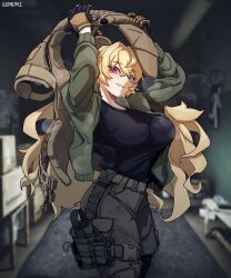 1girl absurdres black_gloves black_pants black_shirt blonde_hair blue_eyes breasts bulletproof_vest epakim escape_from_tarkov gloves green_jacket heterochromia highres holster indoors jacket large_breasts long_hair looking_at_viewer open_clothes open_jacket open_mouth original pants pink_eyes shirt smile solo thigh_holster two-tone_gloves white_mouth yellow_gloves