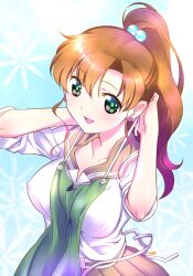 Rule 34 | 1girl, :d, apron, bishoujo senshi sailor moon, breasts, brown hair, brown sailor collar, brown skirt, collarbone, earrings, flower earrings, green apron, green eyes, hair bobbles, hair ornament, highres, himehachi (hime8manga), jewelry, kino makoto, large breasts, long hair, open mouth, pleated skirt, ponytail, sailor collar, school uniform, serafuku, shirt, skirt, smile, solo, white shirt