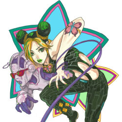 1girl bad_tag bare_arms bezi blonde_hair bun_with_braided_base butterfly_tattoo green_eyes green_hair green_lips green_nails hair_bun jojo_no_kimyou_na_bouken kuujou_jolyne looking_at_viewer midriff multicolored_hair patterned stand_(jojo) star_(symbol) stone_free stone_ocean sunglasses tattoo two-tone_hair