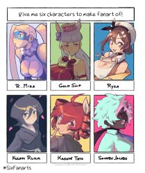 6+girls :o absurdres afro animal_ears atelier_(series) atelier_ryza bare_shoulders beret black_hair black_scarf bleach blonde_hair blue_mask bow breasts brown_hair character_name cherry_blossoms cleavage collared_shirt dark-skinned_female dark_skin drill_hair expressionless eye_mask falling_petals finger_to_mouth flower gold_ship_(umamusume) grey_hair grey_jacket hair_between_eyes hair_bow hair_flower hair_ornament hair_over_one_eye half-closed_eyes hat highres horse_ears horse_girl index_finger_raised jacket japanese_clothes kasane_teto kuchiki_rukia large_breasts lipstick long_hair looking_at_viewer looking_to_the_side looking_up makeup multiple_drawing_challenge multiple_girls necktie no_more_heroes parted_lips petals piku184 purple_eyes purple_flower purple_necktie rainbow_mika red_eyes red_hair red_hat reisalin_stout scarf shihakusho shinigami shinobu_jacobs shirt short_hair six_fanarts_challenge smile street_fighter street_fighter_v thick_lips tongue tongue_out twin_drills twintails umamusume utau very_dark_skin white_hair white_hat white_lips white_shirt wrestling_mask wrestling_outfit
