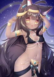 1girl animal_ear_fluff animal_ears arms_up black_hair blue_background blue_gemstone blush breasts cat_ears commentary_request cowboy_shot dancer dark-skinned_female dark_skin gem hair_between_eyes hamiyamiko highres long_hair looking_at_viewer navel open_mouth original small_breasts solo stomach very_long_hair