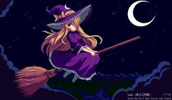 Rule 34 | 1girl, above clouds, blonde hair, bow, broom, broom riding, closed mouth, cloud, commentary, crescent moon, dated, dress, english commentary, english text, frilled dress, frilled hat, frilled sleeves, frills, full body, gold buttons, hair over one eye, hat, hat bow, highres, jaggy lines, kirisame marisa, kirisame marisa (pc-98), long dress, long hair, looking back, marisa day, moon, mountainous horizon, night, outdoors, pc-98 (style), purple dress, purple hat, smile, socks, solo, spacetriggah, star (sky), touhou, touhou (pc-98), white socks, witch hat, yellow eyes