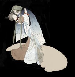 2girls banbi black_background brown_hair chinese_clothes crying full_body green_hair hanfu highres long_hair long_sleeves low_twintails ma_fu multiple_girls original twintails very_long_hair xiao_guan_(headdress) yuri