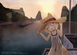 Rule 34 | 1girl, absurdres, animal ear headwear, blue one-piece swimsuit, brown hair, closed eyes, collarbone, dress, english text, facing viewer, fake animal ears, fang, flat chest, hat, highres, komachi panko, missing commentary, ok1teru, one-piece swimsuit, open mouth, outdoors, phase connect, pier, school swimsuit, see-through clothes, see-through dress, short hair, skin fang, solo, straw hat, swimsuit, swimsuit under clothes, thick eyebrows, white dress
