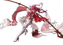 1girl armor bodysuit boots breastplate breasts cape chinese_commentary commentary_request dated hair_between_eyes hairband high_heel_boots high_heels holding holding_polearm holding_weapon long_hair looking_at_viewer lupa_(wuthering_waves) medium_breasts metal_hairband minglu_(gululu) pink_hair polearm red_cape signature simple_background smile solo tacet_mark_(wuthering_waves) tail thigh_boots twintails weapon white_background white_bodysuit white_boots wolf_tail wrist_guards wuthering_waves yellow_eyes