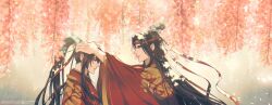2boys alternate_costume artist_name bishounen black_hair chinese_clothes chinese_wedding closed_mouth commentary couple dappled_sunlight day dress dressing_another english_commentary eye_contact flower from_side grey_eyes hair_ribbon hands_on_another&#039;s_head hanfu headband height_difference high_ponytail highres lan_wangji long_hair long_sleeves looking_at_another male_focus minataka94 modao_zushi mountain multiple_boys outdoors petals pink_flower ponytail profile red_hanfu red_headband red_ribbon ribbon ribboned_xiao_guan robe sidelocks smile sunlight topknot upper_body very_long_hair watermark wedding_dress wei_wuxian wide_sleeves wisteria xiao_guan_(headdress) yaoi yellow_eyes