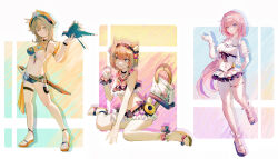 3girls animal_ear_fluff animal_ears bag bikini bikini_skirt bird bird_on_hand black_bikini black_hairband black_shorts blue_eyes breasts brown_hair cat_ears cat_girl cat_tail cleavage commentary elf elysia_(honkai_impact) elysia_(miss_pink_elf)_(honkai_impact) elysia_(summer_miss_elf)_(honkai_impact) green_eyes grey_eyes hair_intakes hairband hat heterochromia highres holding holding_with_tail honkai_(series) honkai_impact_3rd long_hair medium_breasts medium_hair micro_shorts mrruaaa multicolored_bikini multiple_girls navel official_alternate_costume open_mouth pardofelis pardofelis_(midsummer_collector) pink_hair pirate_hat pointy_ears prehensile_tail sandals scrunchie short_hair shorts simple_background sitting smile stomach swimsuit sword symbol-only_commentary tail thigh_strap two-tone_bikini vill-v vill-v_(i&#039;m_the_storm) wariza weapon white_bikini white_hairband wrist_scrunchie
