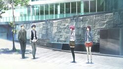 2boys 2girls :o ahoge arms_behind_back bare_legs black_necktie black_suit black_thighhighs blouse blue_hair blue_necktie boots braid braided_ponytail breast_pocket breasts brown_hair brown_shoes chaos;child closed_mouth collared_shirt day denim denim_jacket detective formal_clothes frown game_cg glasses green_hair grey_pants hair_between_eyes highres jacket lapels leaf loafers long_sleeves looking_at_another medium_breasts medium_hair miniskirt miyashiro_takuru multiple_boys multiple_girls necktie notched_lapels official_art onoe_serika open_clothes open_mouth open_vest outdoors pants parted_bangs pink_hair plaid_trim pocket puffy_shorts red_skirt sasaki_mutsumi shirt shoes short_hair short_hair_with_long_locks short_necktie shorts sidelocks skirt stray_hair suit suit_jacket thick_thighs thighhighs thighs tree very_short_hair vest watch white_boots white_shirt white_shoes wristwatch