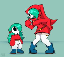 1girl 2girls :o absurdres aqua_background aqua_hair belt boots breasts doppelganger full_body garter_straps highres hood large_breasts long_hair long_sleeves mario_(series) mask multiple_girls nintendo one_eye_covered pants pointing pointing_at_self shy_gal shy_guy size_difference sleeves_past_fingers sleeves_past_wrists sweatdrop thighhighs