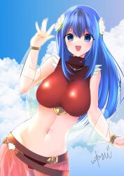 1girl bikini blue_eyes blue_hair breasts caeda_(fire_emblem) caeda_(summer)_(fire_emblem) cloud cloudy_sky fire_emblem fire_emblem:_mystery_of_the_emblem fire_emblem_heroes flower hair_between_eyes hair_flower hair_ornament hashtag-only_commentary highres large_breasts long_hair looking_at_viewer navel nintendo official_alternate_costume red_bikini sky solo studio_sugimoto swimsuit thighs