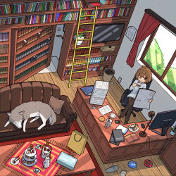 Rule 34 | 1girl, absurdres, ahoge, animal, bag, book, bookshelf, bowl, brown eyes, brown hair, cheribon, collared shirt, couch, crossed legs, cup, curtains, desk, desk lamp, dog, electrical outlet, food, from above, hashtag-only commentary, highres, holding, holding cup, holding newspaper, indoors, ladder, lamp, monitor, newspaper, original, pants, paper bag, paper stack, pet bowl, plate, reading, sandwich, shirt, sitting, slippers, solo, table, teacup, teapot, television, unworn slippers, vase, white shirt, wide shot, window, wooden floor
