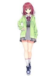 1girl belt bow bowtie closed_mouth collared_shirt dress full_body futamihara_ririko green_jacket grey_dress hand_on_own_hip jacket limelight_lemonade_jam long_hair long_sleeves looking_at_viewer muririn official_art open_clothes open_jacket orange_eyes red_bow red_bowtie red_hair shirt shoes smile sneakers socks solo tachi-e transparent_background white_shirt white_socks yuzu-soft
