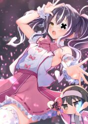 1boy 1girl arm_up armpits ayuma_sayu black_hair blush bow bowtie breasts chibi eyepatch frilled_skirt frills glowstick happi headband highres holding holding_glowstick holding_sign idol japanese_clothes kimitsuka_kimihiko long_hair multicolored_hair open_mouth outstretched_arm outstretched_hand pink_hair saikawa_yui second-party_source shirt short_hair sideboob sign skirt sleeveless sleeveless_shirt standing streaked_hair tantei_wa_mou_shindeiru thighhighs twintails w wrist_cuffs yellow_eyes zettai_ryouiki