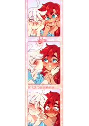 2girls artist_logo artist_name blue_eyes blush cherry_in_the_sun closed_eyes closed_mouth commentary couple english_commentary flustered grey_eyes gundam gundam_suisei_no_majo hair_between_eyes happy heart heart_in_eye kiss kissing_cheek logo long_hair miorine_rembran multiple_expressions multiple_girls open_mouth patreon_username photo_booth red_hair short_hair signature smile suletta_mercury symbol_in_eye tongue tongue_out v-shaped_eyebrows white_hair yuri